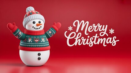 Snowman in Christmas sweater and hat with empty mockup space and Merry Christmas text on vibrant red background. 3D Rendering, created with generative ai