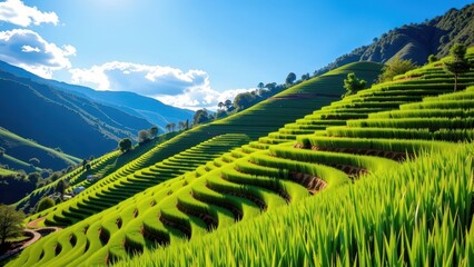Lush green terraced rice paddies cascade down a hillside under a clear blue sky, cultivation, peaceful