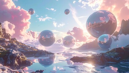 Obraz premium Dreamscape of Floating Spheres and Serene Waters.