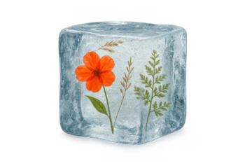 Freezing nature: preserving bright orange flower, delicate fern, and dry grass in clear ice cube