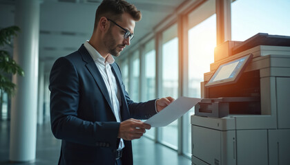 Businessman in suit and glasses holds paper near office printer. Man in formal wear prepares to print document. Office worker interacts with multifunction printer device.