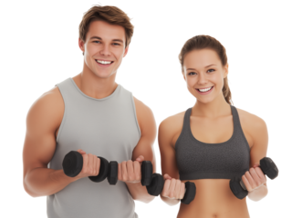 Couple practicing strength training together in workout gear indoors with dumbbells for fitness and health Generative AI
