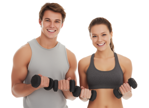 Couple practicing strength training together in workout gear indoors with dumbbells for fitness and health Generative AI