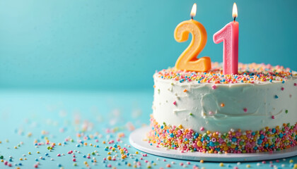 White birthday cake with 21 candles on light blue background. Cake is decorated with colorful sprinkles, icing. Two lit candles in shape of numbers 2, 1. Celebration concept for 21st birthday party.