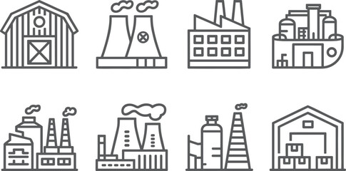 Minimalist line art illustration of various industrial factory buildings, power plant cooling towers, nuclear station,