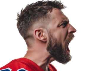 Football player expressing intense emotion while celebrating on white background during game preparation Generative AI