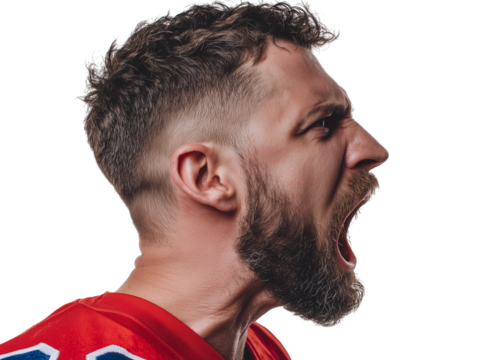 Football player expressing intense emotion while celebrating on white background during game preparation Generative AI