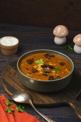 Hungarian mushroom soup with potatoes, wild mushrooms, champignons, and paprika in a green bowl on a dark wooden platter. Soup recipes.