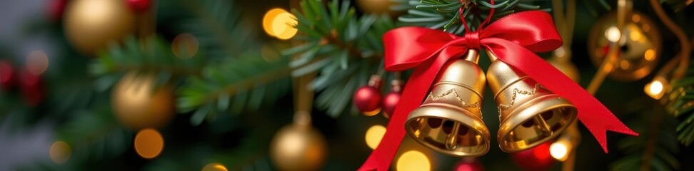 Golden bells adorned with red ribbon hang from an evergreen branch, a festive holiday decoration, greenery, surprise