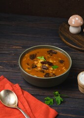 Hungarian mushroom soup with potatoes, wild mushrooms, champignons, and paprika in a green bowl on a dark wooden platter. Soup recipes.