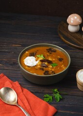 Hungarian mushroom soup with potatoes, wild mushrooms, champignons, and paprika in a green bowl on a dark wooden platter. Soup recipes.