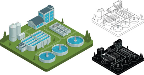 Modern industrial water treatment plant facility with purification tanks, circular sedimentation pools, storage silos