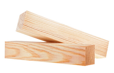 Two wooden beam isolated on a white background. Pine wooden bars. Wooden planks.