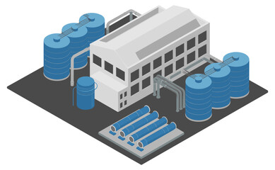 Modern industrial water treatment plant with large blue storage tanks, clean white building, metal pipes system,