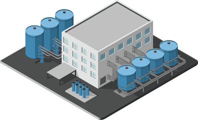Modern industrial water treatment plant with large blue storage tanks, clean white building, metal pipes system,