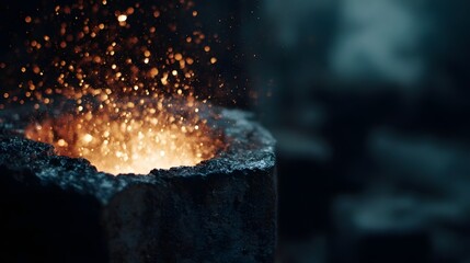 Molten metal sparks erupt from a hot crucible in a dark industrial setting