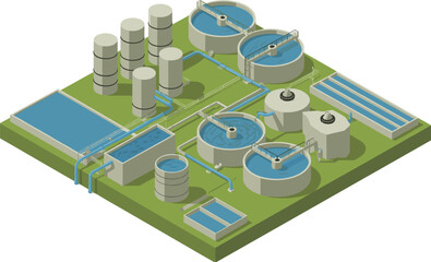 Modern isometric wastewater treatment plant illustration showing clean water recycling system,