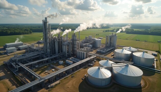 Industrial ethanol plant with smokestacks. Large tanks store liquid biofuel. Factory processes biomass for sustainable energy. Complex pipe network connects plant structures.