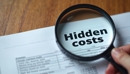 Magnifying glass hidden costs in document on table. Hand inspects financial report. Attention to detail needed. Expense analysis scrutiny for transparency. Revealing undisclosed fees. Budget