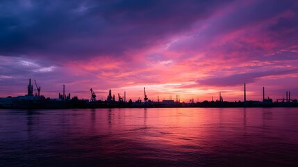 Obraz premium Industrial waterfront silhouetted against a vibrant purple and pink sunset sky with water reflections