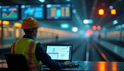 Engineer in hard hat monitors train schedules on laptop screen. Digital displays show graphs and data at rail station. Man works with transport logistics system in control room.