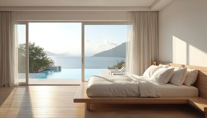 Luxurious bedroom with ocean view. Interior photo of modern home. Double bed near big window, curtains. Seaside villa resort with swimming pool outdoor. Vacation travel concept.