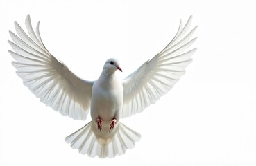 White dove bird flies with wings spread wide against clean white background. Symbol of peace, purity captured in mid-flight, feathers detailed, delicate. Avian creature taking flight, representing