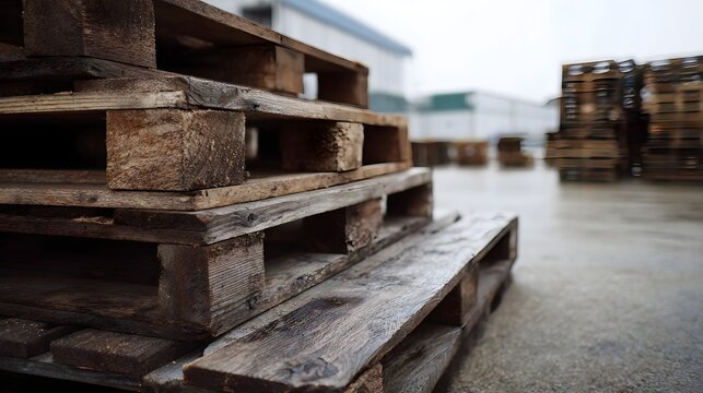 A stack of weathered wooden pallets sits on a wet concrete surface outside an industrial facility under an overcast sky - Powered by Adobe