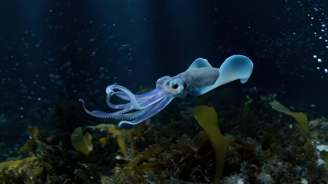 A captivating underwater shot of a squid with its graceful tentacles displayed