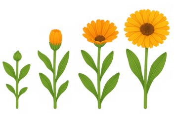 Calendula flower life cycle stages showing growth, blooming, and development on transparent background