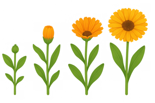 Calendula flower life cycle stages showing growth, blooming, and development on transparent background