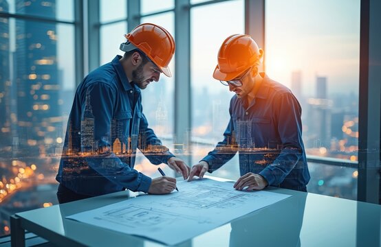 Two industrial engineers in hard hats review blueprints on a table. They plan infrastructure construction in a modern facility. Cityscape with skyscrapers and sunset visible through large windows.