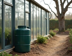 Large green plastic water tank beside modern greenhouse with glass panels. Container for rainwater collection in garden with plants and trees. Outdoor eco-friendly water storage system in yard.