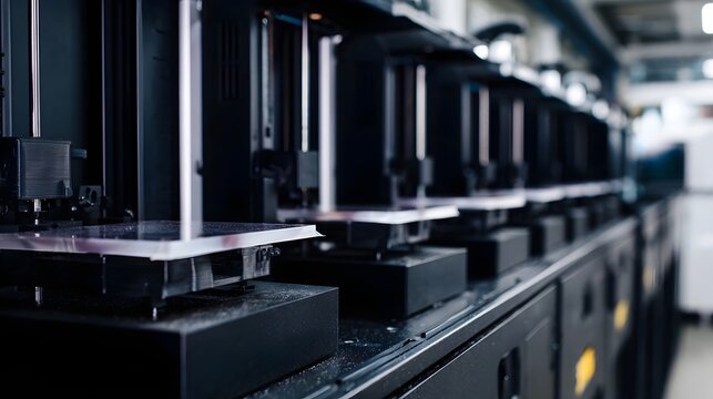 A row of modern black 3D printers in an industrial setting actively manufacturing prototypes simultaneously with precise technology