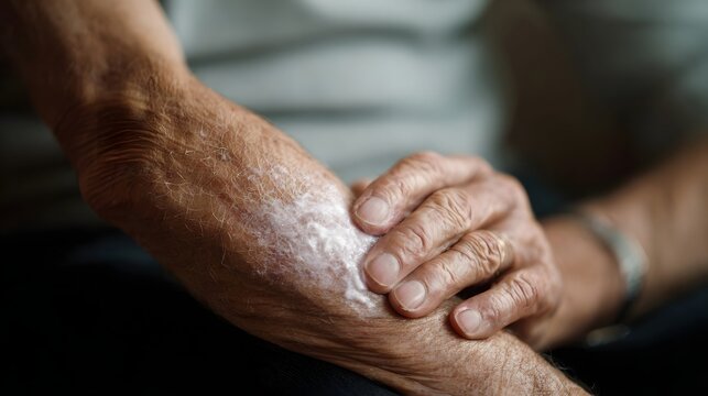 Close up of an elderly person s arm with dry scaly skin receiving cream application