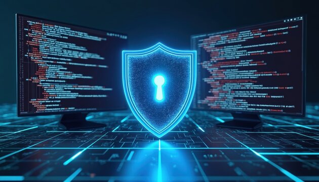 Luminous blue shield with keyhole icon guards two computer monitors displaying complex lines of digital code. Digital scene signifies advanced cybersecurity, data protection, network security, robust - Powered by Adobe