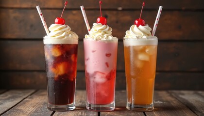 Three glasses of ice cream soda in different flavors on wooden table. Cold sweet treats with whipped cream, cherry on top. Refreshing fizzy drinks on rustic wooden background. Colorful desserts with