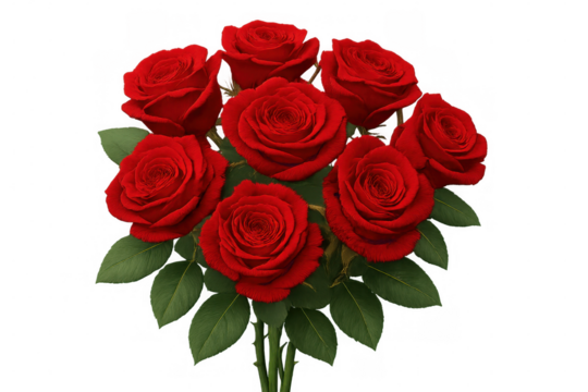 Red roses creating a beautiful bouquet, representing love, emotion, and romance, with a transparent background