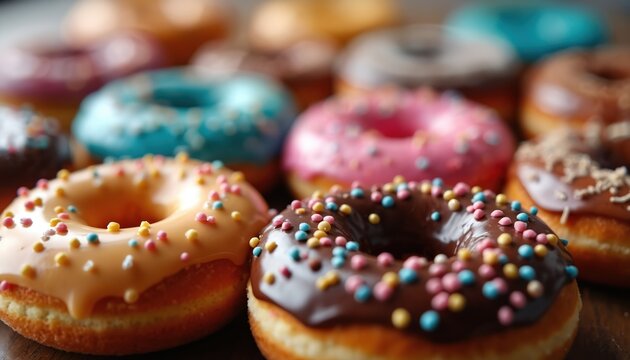 Assortment of colorful donuts with sweet icing and sprinkles arranged on table. Multiple baked pastry treats create delightful food background. Delicious snacks for party or coffee break.