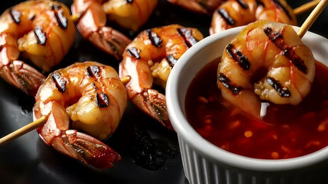 Grilled shrimp skewers served with spicy dipping sauce on a dark plate