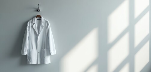 White lab coat hangs on hook against plain wall. Soft window light casts geometric shadows on background. Clean garment ready for use in medical or science setting.