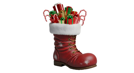 Santas boot filled with gifts isolated on transparent background