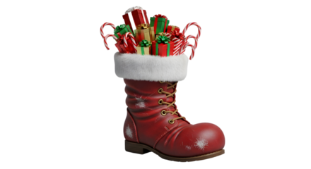 Santas boot filled with gifts isolated on transparent background