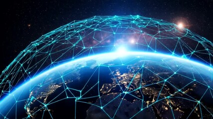 A futuristic view of Earth illuminated by a digital network at night - Powered by Adobe