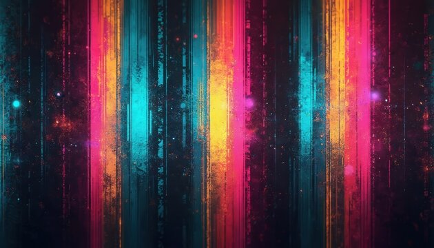 Vertical neon stripes with grunge texture and particle effects create a vibrant, abstract digital background. Modern design for covers and posters. - Powered by Adobe