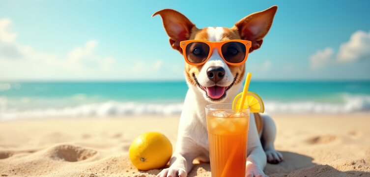 Happy dog wears orange sunglasses on sunny beach. Pet lies by clear blue ocean with refreshing iced drink. Cute animal enjoys summer vacation with lemon, cool beverage, warm sand, bright sky, sea