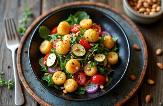 Close view of gnocchi salad in bowl. Dish includes grilled zucchini cherry tomatoes arugula red onion pine nuts. Fork and beans on side add to rustic table setting.