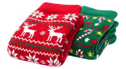 Stack of red and green christmas socks isolated on transparent background