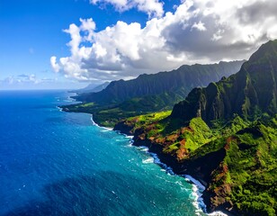 Aerial view showcases rugged green cliffs meeting a turquoise ocean under a bright blue sky filled with fluffy white clouds. The shoreline stretches out