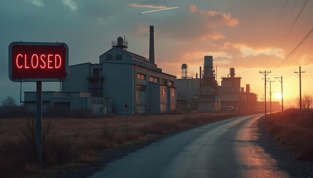 Red neon CLOSED sign at industrial complex during sunset. Abandoned factory buildings evoke economic downturn and manufacturing decline. Empty road leads to idle plant.